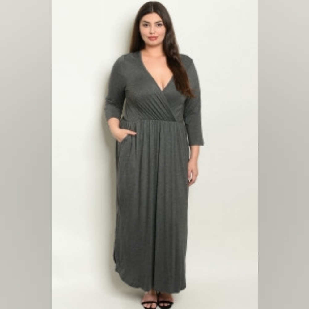 Annabelle Charcoal Maxi Dress | 3X | Flowy V-Neck | Long Sleeve | Pockets